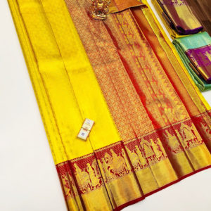 Small Border Kanjivaram Pure Wedding Silk Saree Yellow Color w/ Blouse
