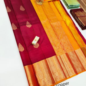 Trendy Design Pure Kanjivaram Fancy Silk Saree Apple Red and Yellow Color w/ Blouse