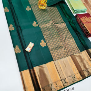 Pure Kanjivaram Fancy Silk Saree Bottle Green Color w/ Blouse