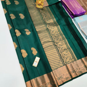 Copper Zari Work Pure Kanjivaram Fancy Silk Saree Bottle Green Color