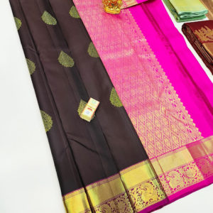 Unique Design Pure Kanjivaram Fancy Silk Saree Brown and Pink Color w/ Blouse