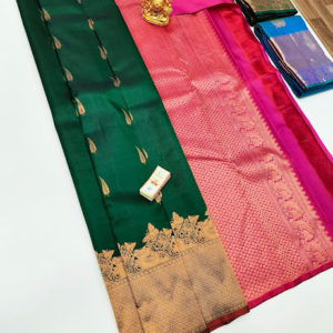 Beautiful Pure Kanjivaram Fancy Silk Saree Green Color w/ Blouse