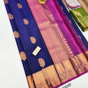 Beautiful Design Pure Kanjivaram Fancy Silk Saree Ink Blue Color w/ Blouse