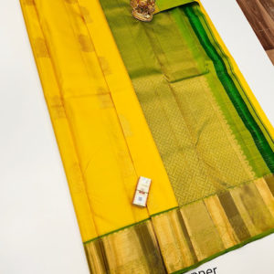 Beautiful Design Pure Kanjivaram Fancy Silk Saree Lemon Yellow and Green Color w/ Blouse