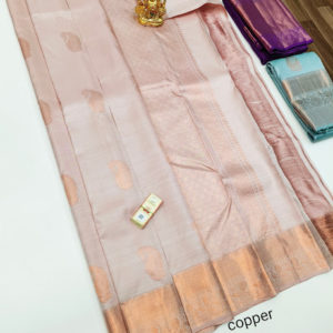 Copper Zari Work Pure Kanjivaram Fancy Silk Saree Off White Color w/ Blouse