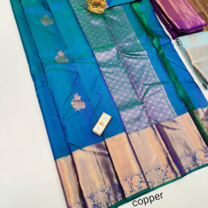 Copper Zari Work Pure Kanjivaram Fancy Silk Saree Peacock Blue Color w/ Blouse
