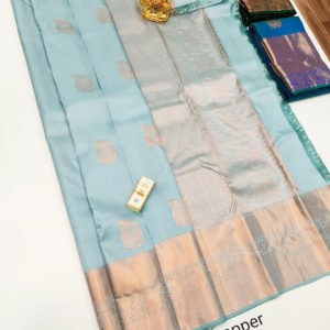 Copper Zari Work Pure Kanjivaram Fancy Silk Saree Sky Blue Color w/ Blouse