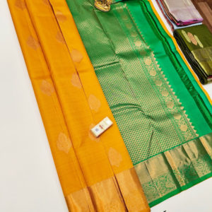 Beautiful Design Pure Kanjivaram Fancy Silk Saree Yellow Color w/ Blouse