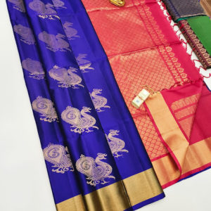 Peacock Design Pure Soft Silk Saree Ink Blue and Red Color w/ Blouse