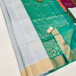 Pure Soft Silk Saree Light Gray and Green Color w/ Blouse