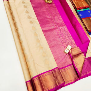 Unique Design Pure Soft Silk Saree Off White and Pink Color w/ Blouse