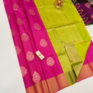 Unique Design Pure Soft Silk Saree Pink and Lemon Green Color w/ Blouse