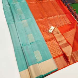 Pure Soft Silk Saree Sky Blue and Orange Color w/ Blouse