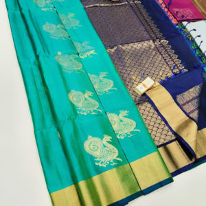 Peacock Design Pure Soft Silk Saree Teal Green Color w/ Blouse