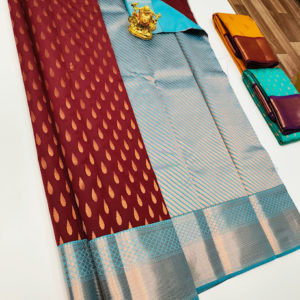 High Fancy Kanjivaram Silk Saree Mix Red and Sky Blue Color w/ Blouse
