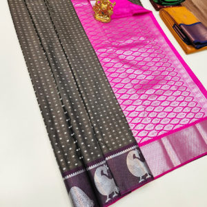 Trendy White Zari Work High Fancy Kanjivaram Silk Saree Mix Elephant and Pink Color w/ Blouse