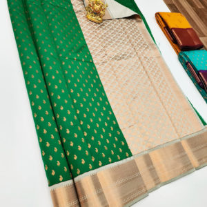 High Fancy Kanjivaram Silk Saree Mix Green and Off White Color w/ Blouse
