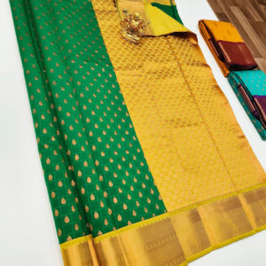 New Design High Fancy Kanjivaram Silk Saree Mix Green and Yellow Color w/ Blouse