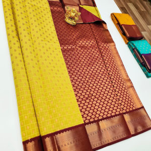 Trendy Design High Fancy Kanjivaram Silk Saree Mix Lemon Yellow Color w/ Blouse