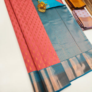 High Fancy Kanjivaram Silk Saree Mix Peach and Sky Blue Color w/ Blouse