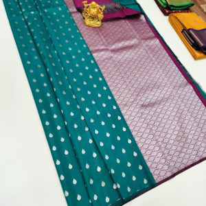 Latest Design High Fancy Kanjivaram Silk Saree Mix Peacock Blue and Magenta Color w/ Blouse