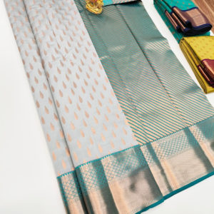 High Fancy Kanjivaram Silk Saree Mix White and Sky Blue Color w/ Blouse