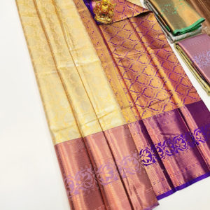 Unique Border Kanjivaram Semi Silk Saree Cream and Violet w/ Blouse