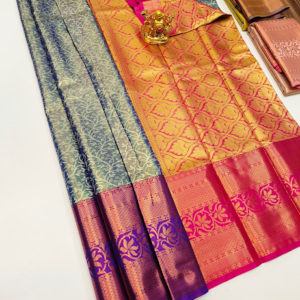 Contrast Border Kanjivaram Semi Silk Saree Gray and Purple w/ Blouse