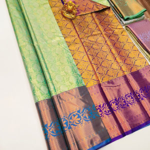 Different Border Kanjivaram Semi Silk Saree Green and Blue w/ Blouse