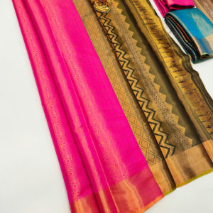 Contrast Copper Zari Border Kanjivaram Semi Silk Saree Pink Color w/ Blouse