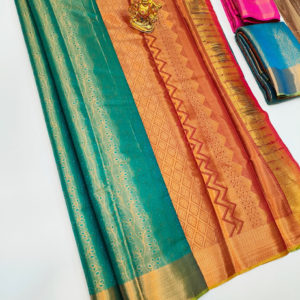 Trendy Border Kanjivaram Semi Silk Saree Teal Green Color w/ Blouse