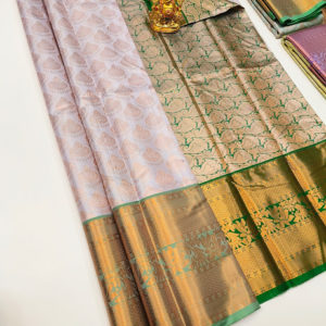 Contrast Border Kanjivaram Semi Silk Saree White and Green w/ Blouse