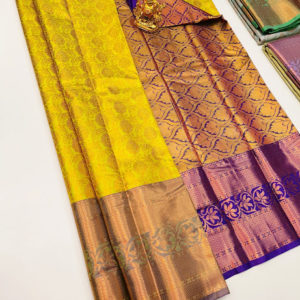 Latest Design Kanjivaram Semi Silk Saree Yellow Color w/ Blouse