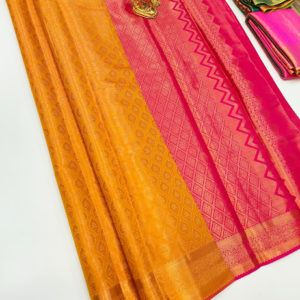 Kanjivaram Semi Silk Saree Yellow Color w/ Blouse