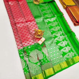 Latest Unique Design Kanjivaram Pure Wedding Silk Saree Apple Red and Green Color w/ Blouse