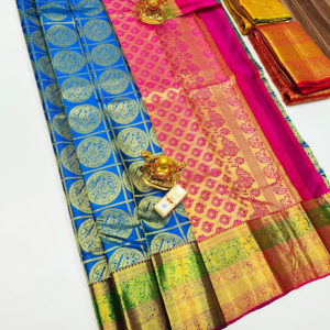 Kanjivaram Pure Wedding Silk Saree Blue and Pink Color w/ Blouse