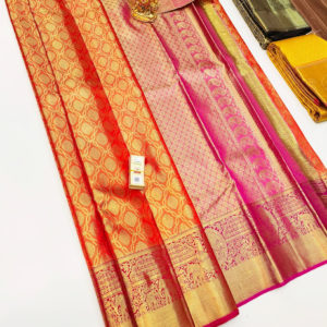 Kanjivaram Pure Wedding Silk Saree Fanta Orange Color w/ Blouse