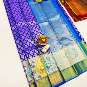 Different Border Kanjivaram Pure Wedding Silk Saree Ink Blue Color w/ Blouse