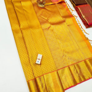 Trendy Kanjivaram Pure Wedding Silk Saree Mango Yellow Color w/ Blouse