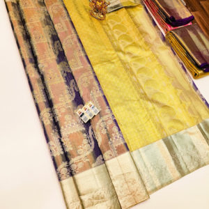 Unique Design Kanjivaram Pure Wedding Silk Saree Yellow and Brown Color w/ Blouse