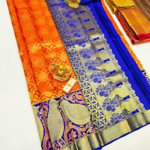 Birds Design Kanjivaram Pure Wedding Silk Saree Orange Color w/ Blouse