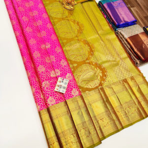 Trendy Annam Design Kanjivaram Pure Wedding Silk Saree Pink and Honey Color w/ Blouse