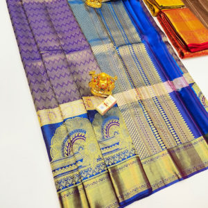 New Border Design Kanjivaram Pure Wedding Silk Saree Purple and Blue Color w/ Blouse