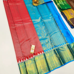 Latest Kanjivaram Pure Wedding Silk Saree Red and Sky Blue Color w/ Blouse