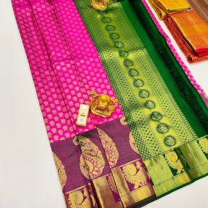 Unique Border Design Kanjivaram Pure Wedding Silk Saree Rose Color w/ Blouse