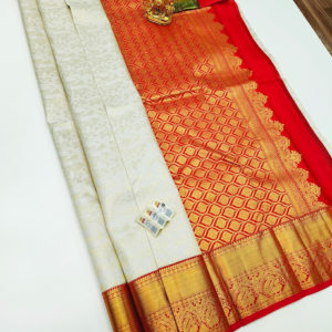 Bridal Kanjivaram Pure Wedding Silk Saree White and Red Color w/ Blouse