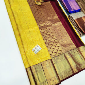 Latest Mango Design Kanjivaram Pure Wedding Silk Saree Yellow and Apple Red Color w/ Blouse