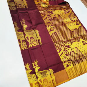 Deer Design Plain Mphoss. Saree Art Silk Kumkum Red Color w/ Blouse