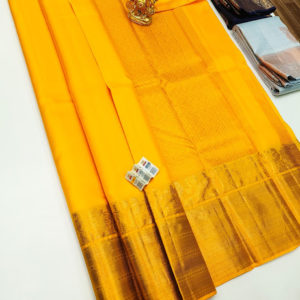 Pure Kanjivaram Fancy Silk Saree Golden Yellow Color Copper Zari Work w/ Blouse