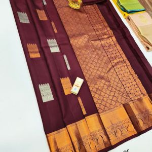 Light Weight Copper Zari Pure Kanjivaram Fancy Silk Saree Kumkum Red w/ Blouse